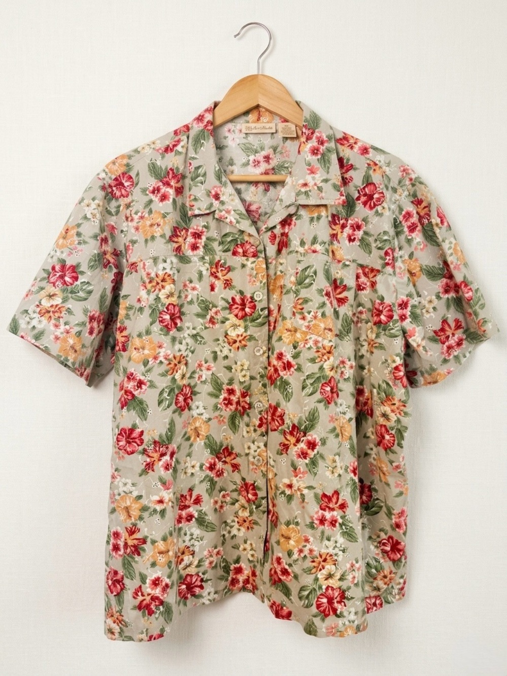 Vintage 90s Bobbie Brooks Eyelet Floral Hibiscus Shirt 4X Hawaiian Cottagecore